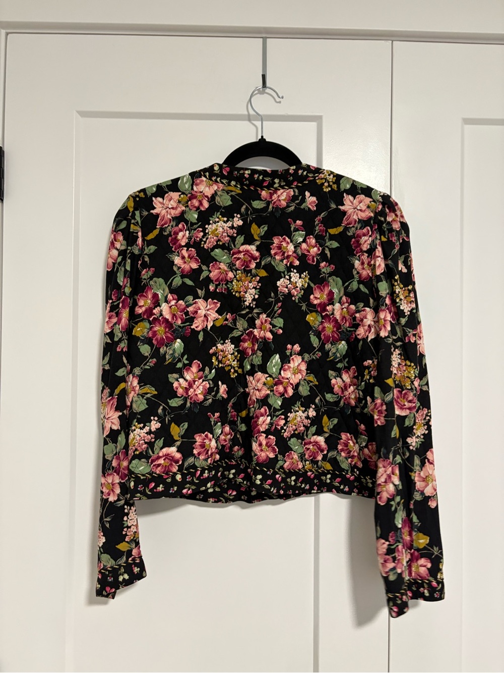 Vintage Floral Quilted Bomber Jacket Black Pink Floral Size Medium - Picture 8 of 12